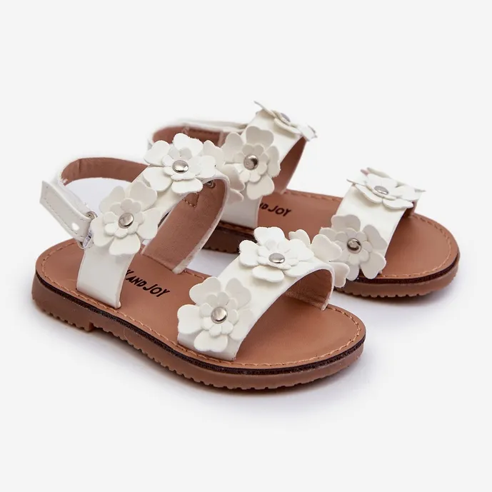 Lacquered Children's Sandals Decorated with Flowers, White Tinette