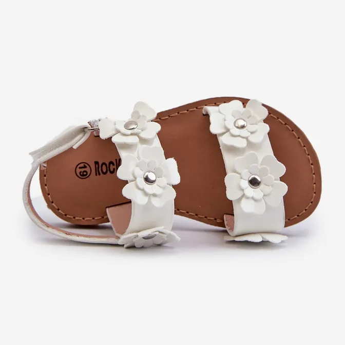 Lacquered Children's Sandals Decorated with Flowers, White Tinette