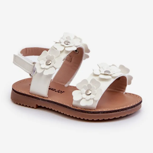 Lacquered Children's Sandals Decorated with Flowers, White Tinette