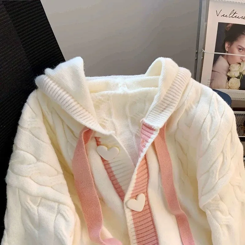 Lazy style hooded sweater jacket for women in autumn and winter, loose design for outer wear, sweet and age-reducing knitted car