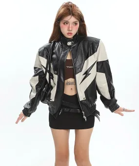 Lightning Bolt Pu Leather Patchwork Zip Up Jacket