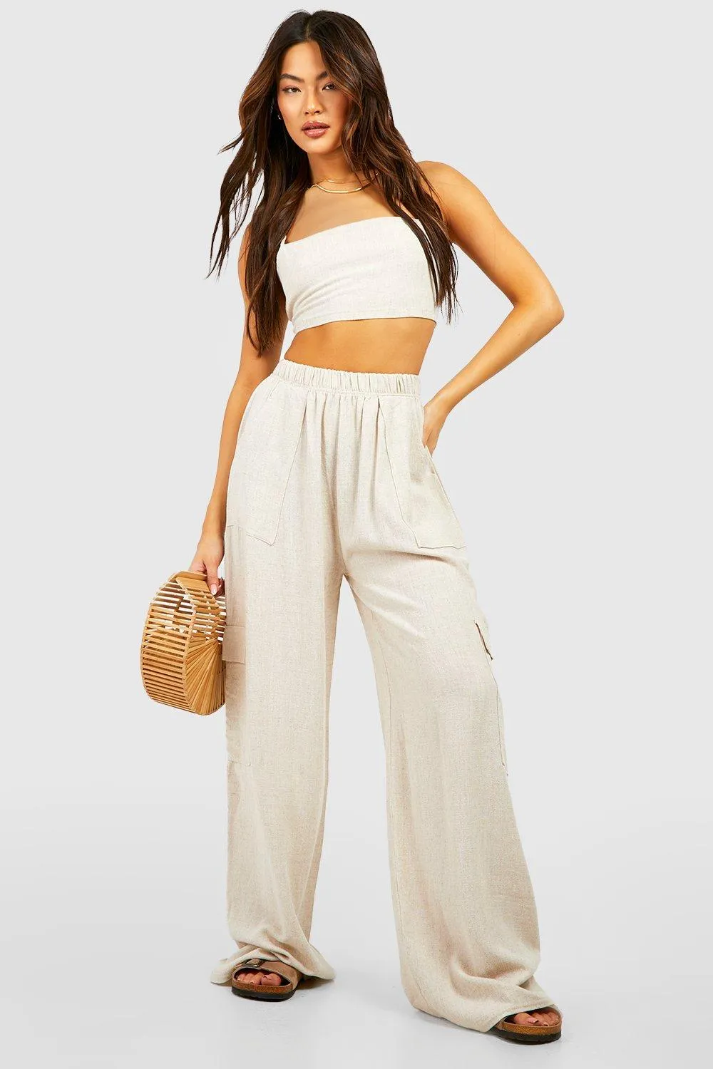 Linen Mix Wide Leg Cargo Pants