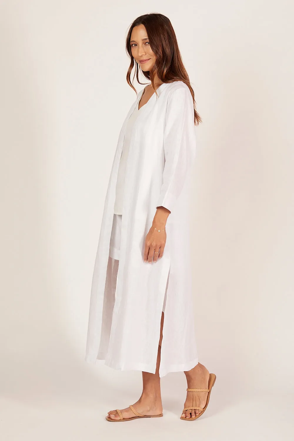 Long Line Linen Duster Jacket in White