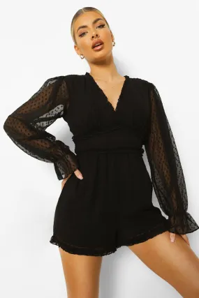 Long Sleeve Cut Out Back Dobby Mesh Romper
