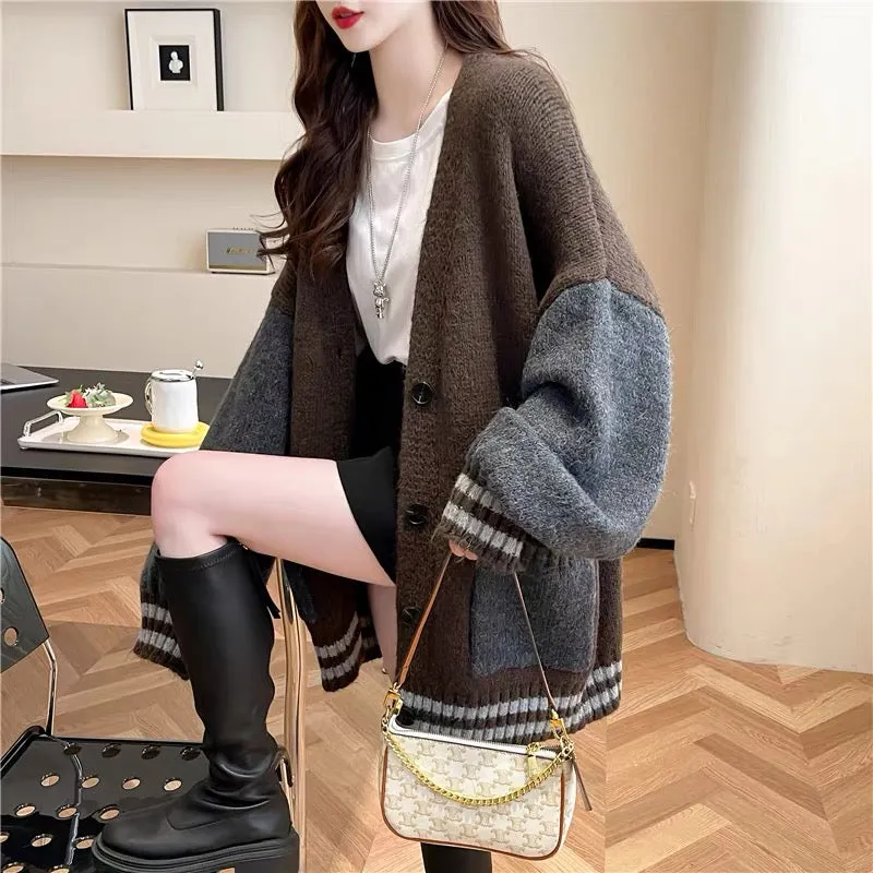 Loose and lazy style knitted sweater cardigan for women 2023 new autumn fashionable and versatile Korean style knitted jacket (S