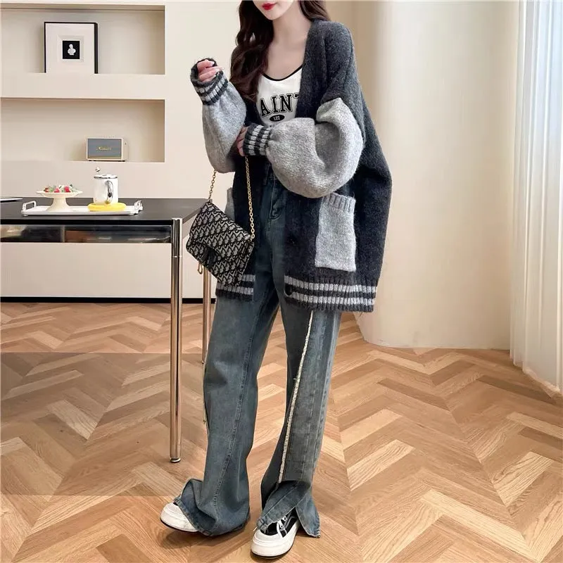Loose and lazy style knitted sweater cardigan for women 2023 new autumn fashionable and versatile Korean style knitted jacket (S