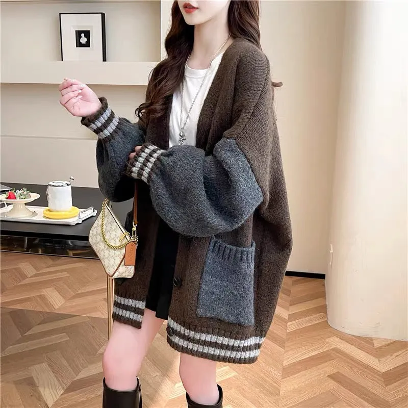 Loose and lazy style knitted sweater cardigan for women 2023 new autumn fashionable and versatile Korean style knitted jacket (S