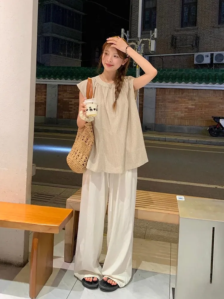 Lu Xiao Tuantuan vertical striped sleeveless shirt 2024 summer new style Korean temperament vacation casual lazy style top