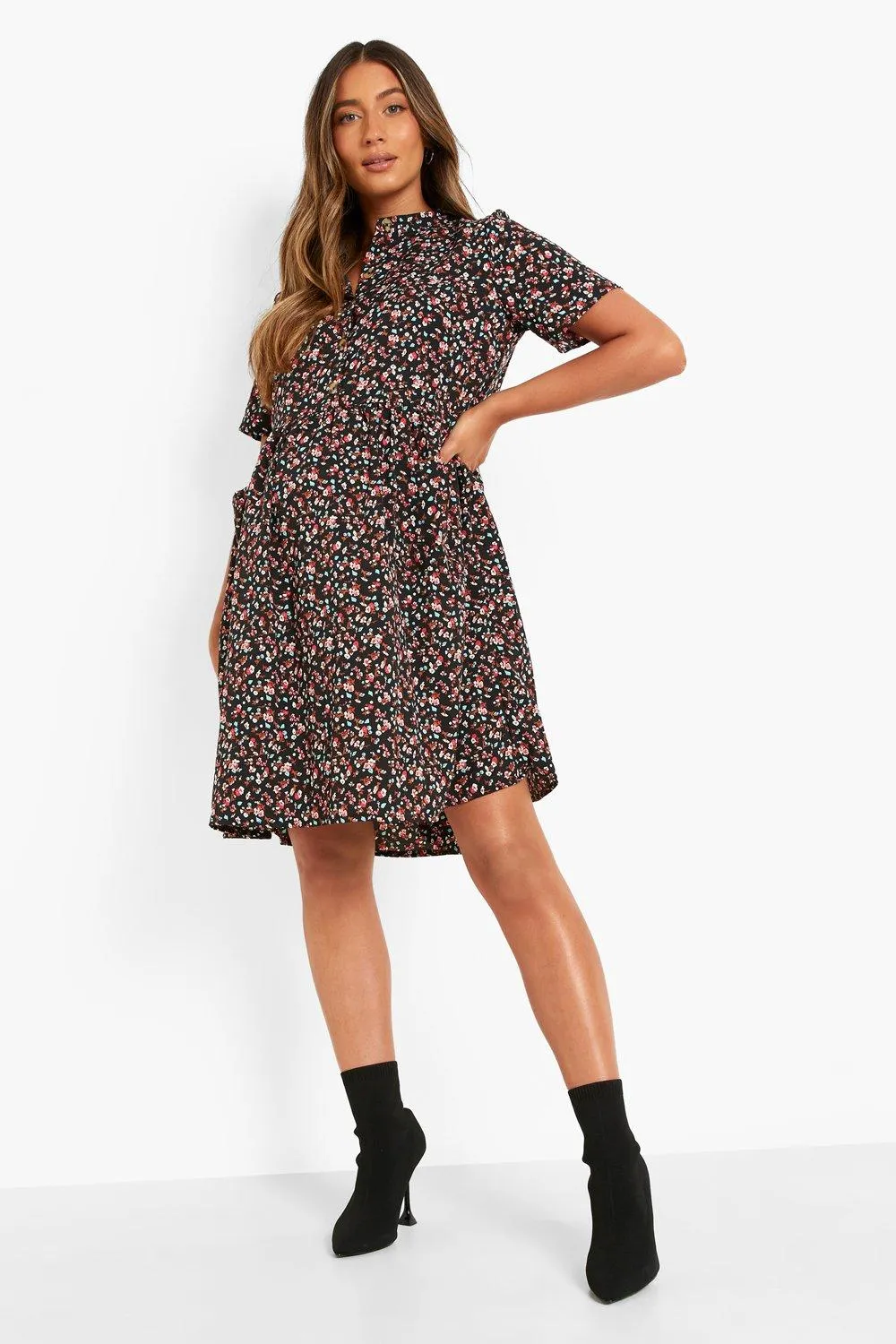 Maternity Floral Button Front Smock Dress