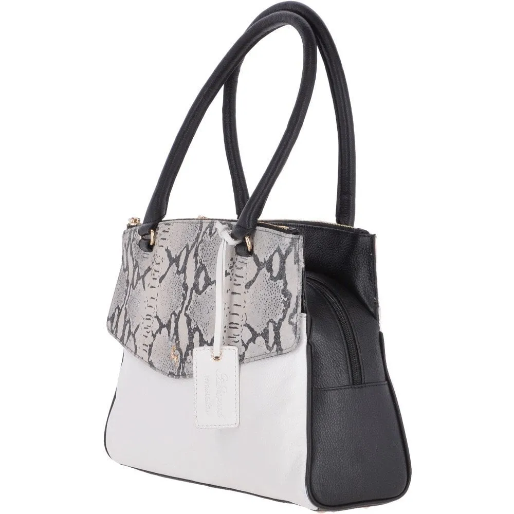 Medium Tote Three Section Leather Shoulder Bag White/Snake - 62688