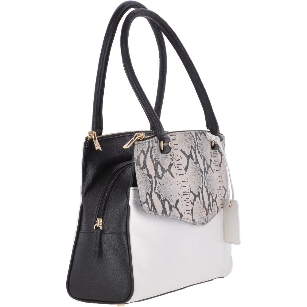 Medium Tote Three Section Leather Shoulder Bag White/Snake - 62688