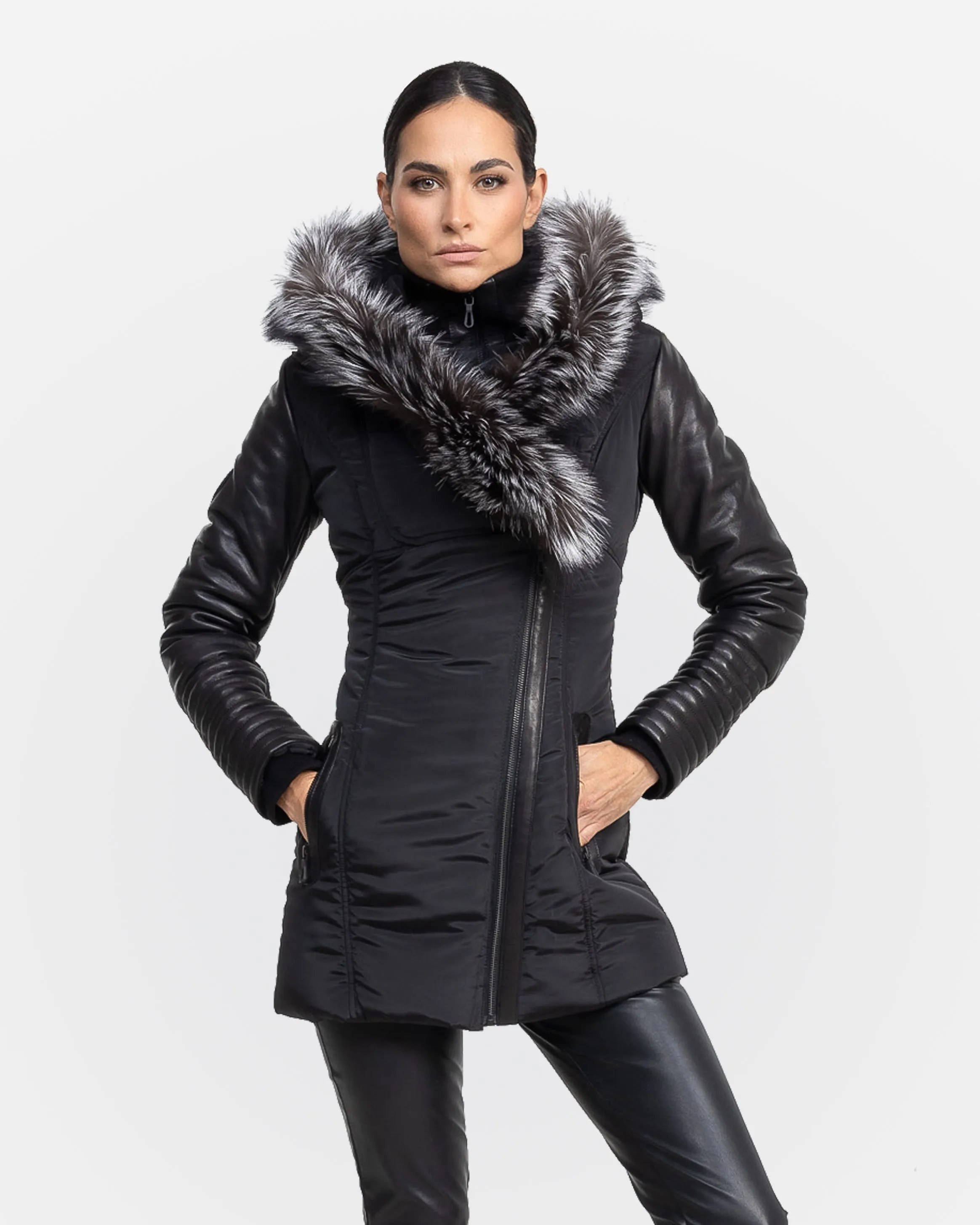 Melania Puffer Jacket With Leather Sleeves