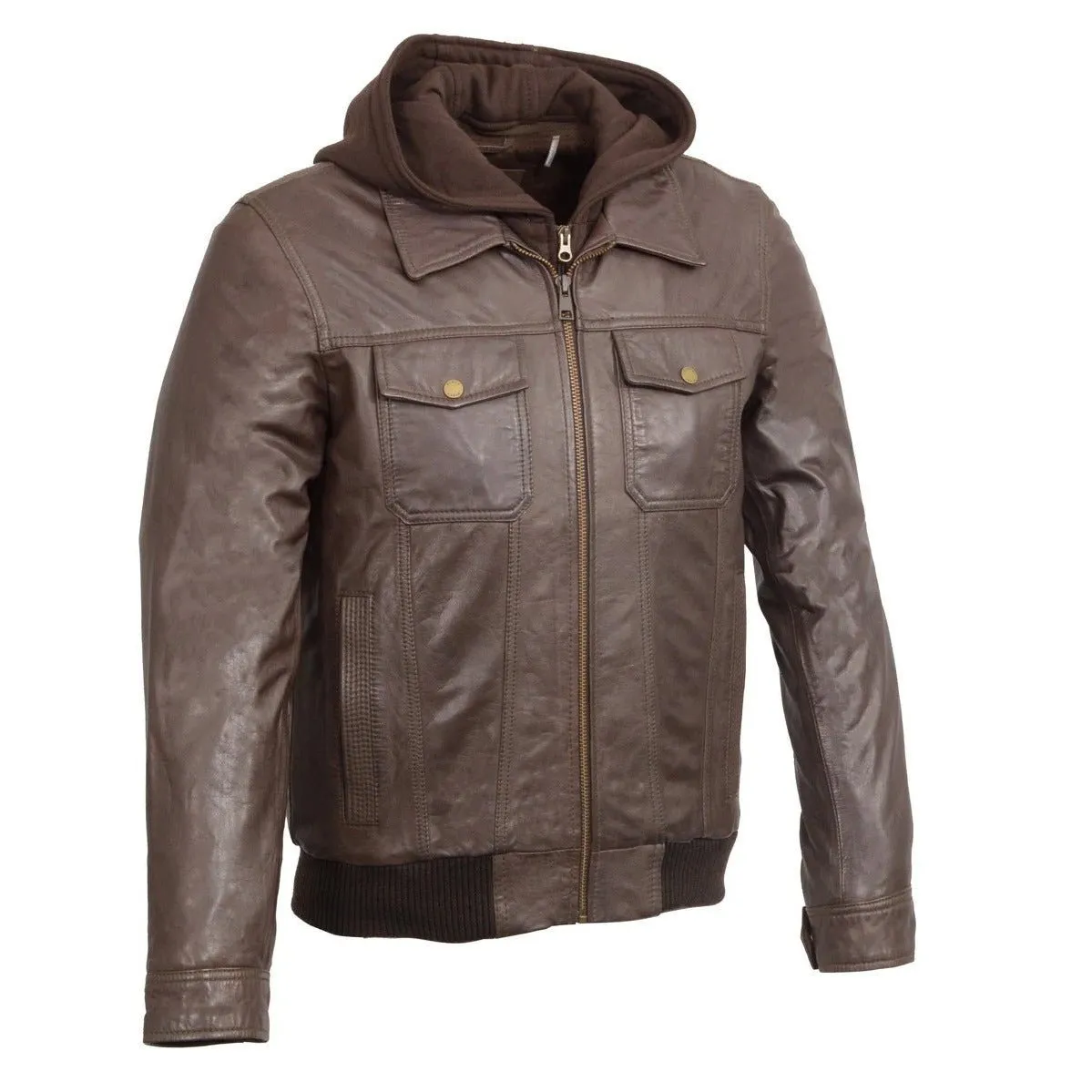 Men's Brown Leather Zipper Bomber Jacket with Zip Off Hoodie