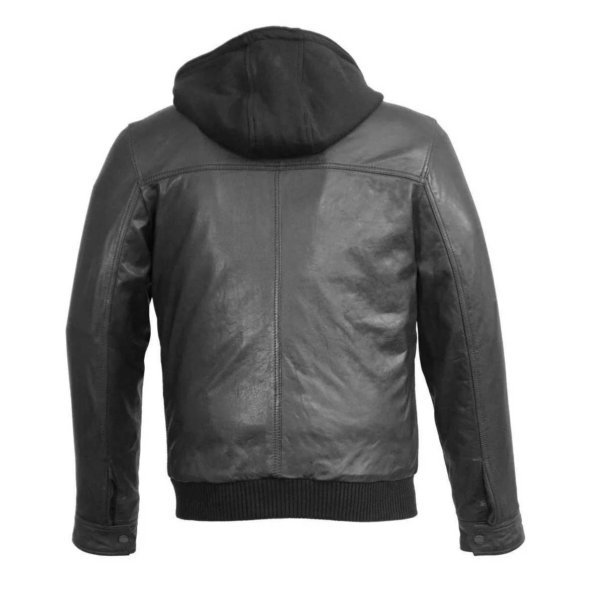 Men's Brown Leather Zipper Bomber Jacket with Zip Off Hoodie