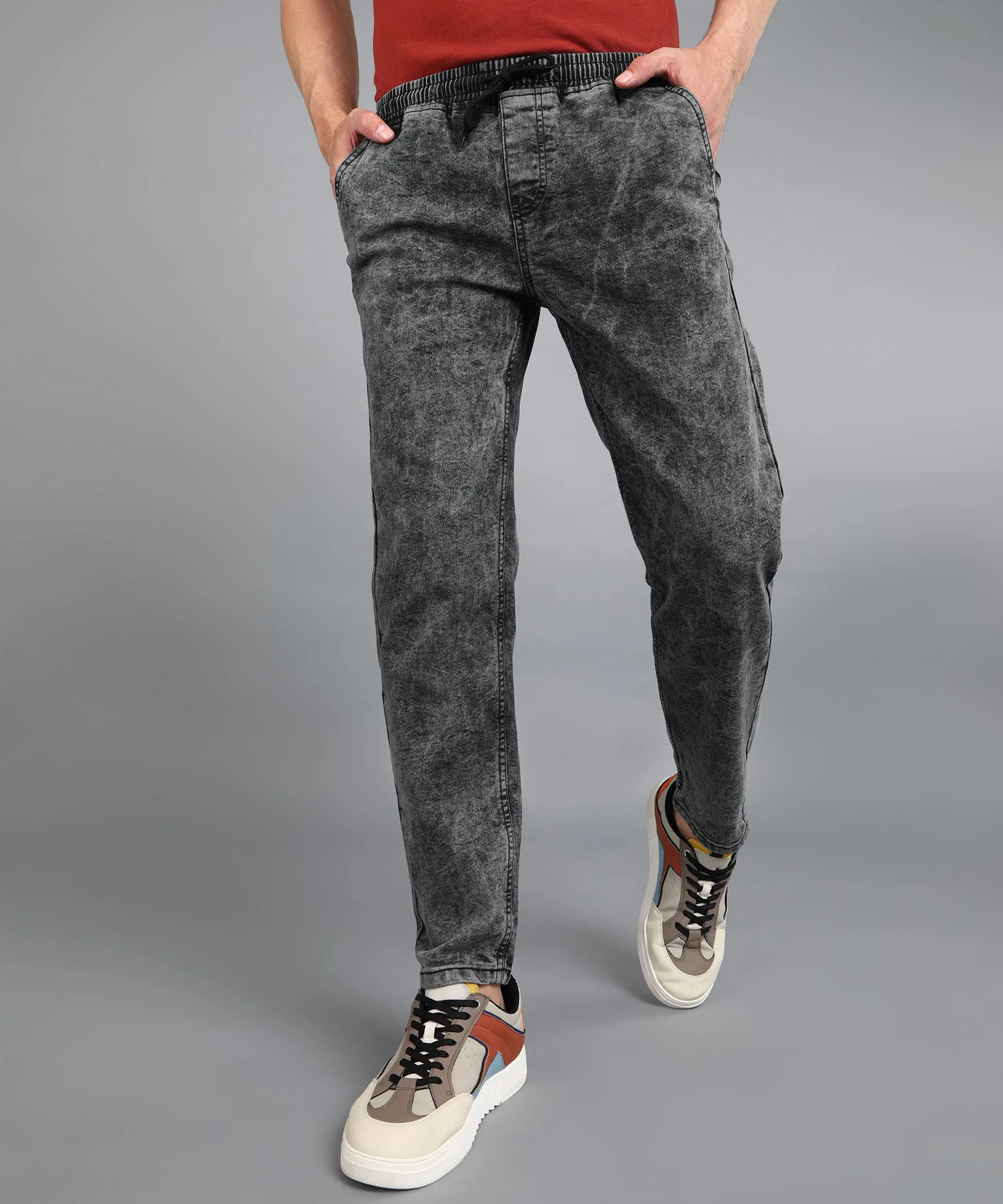 Men's Dark Grey Regular Fit Washed Jogger Jeans Stretchable