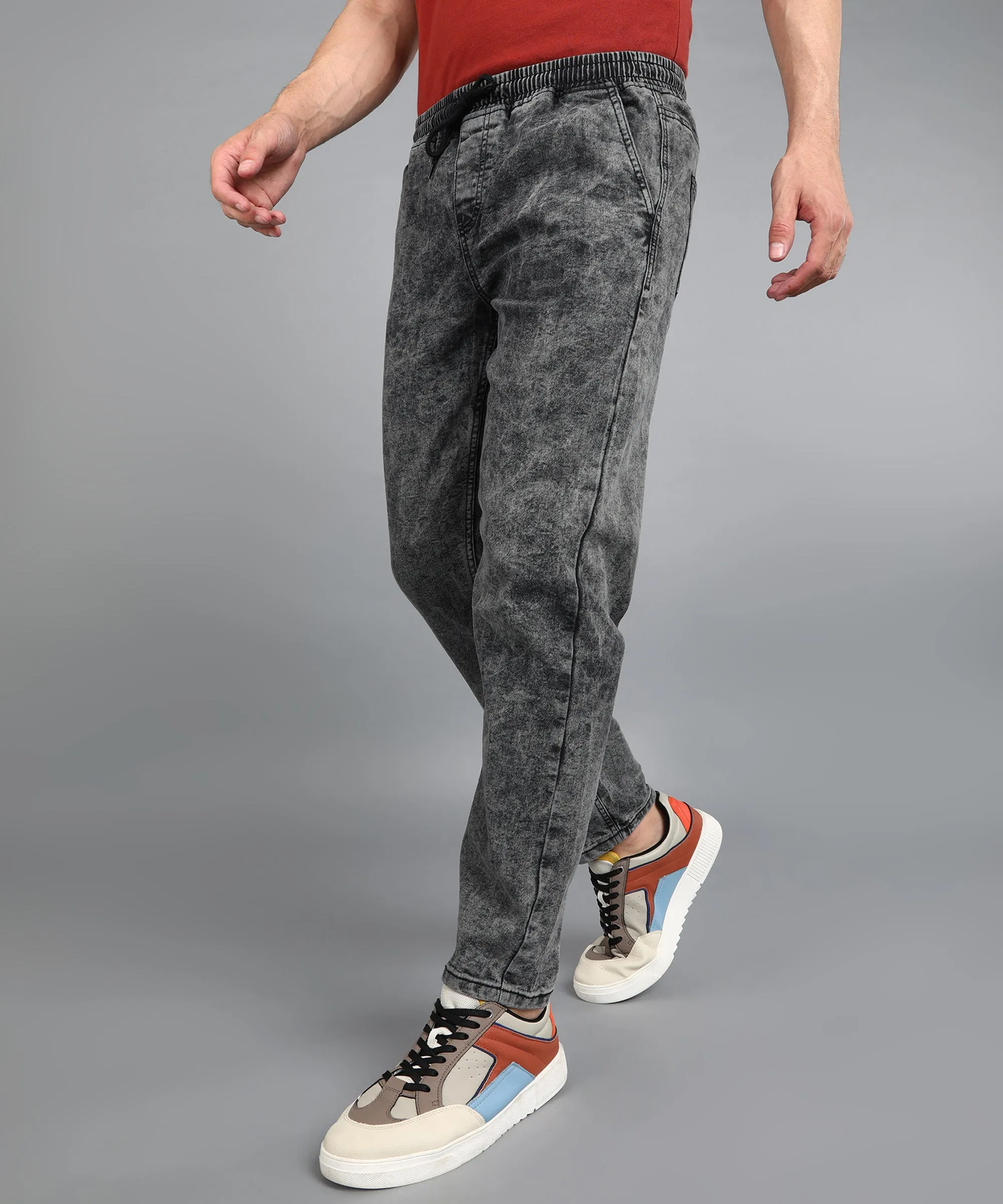 Men's Dark Grey Regular Fit Washed Jogger Jeans Stretchable