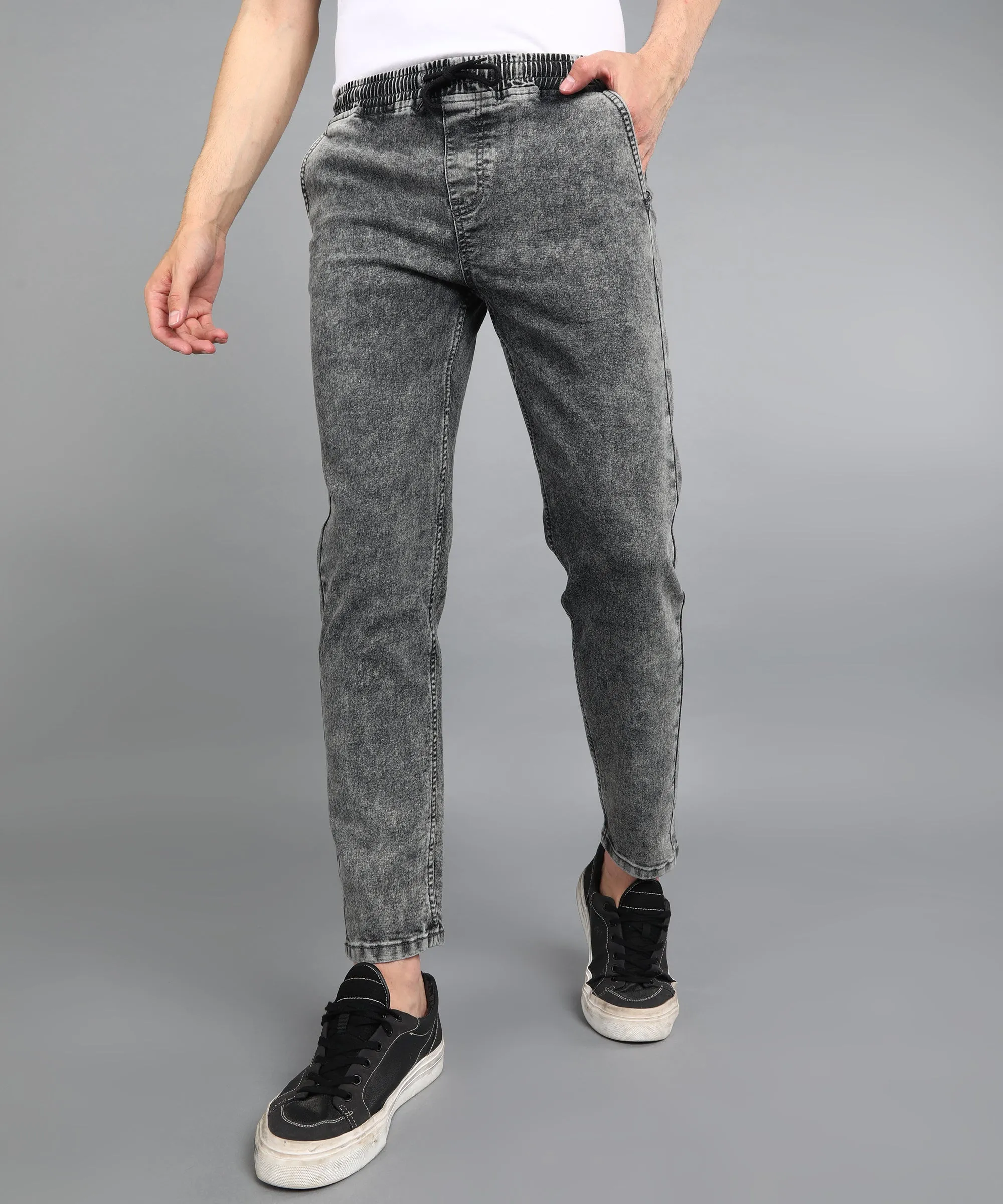 Men's Grey Regular Fit Washed Jogger Jeans Stretchable