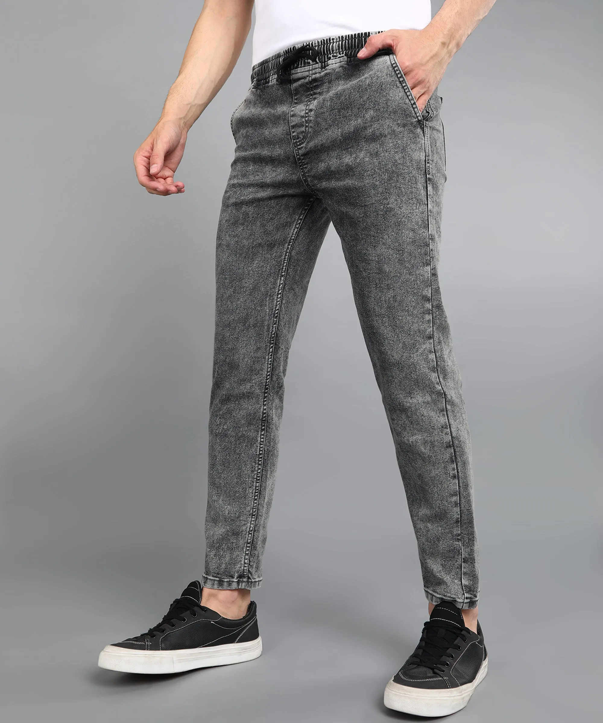 Men's Grey Regular Fit Washed Jogger Jeans Stretchable