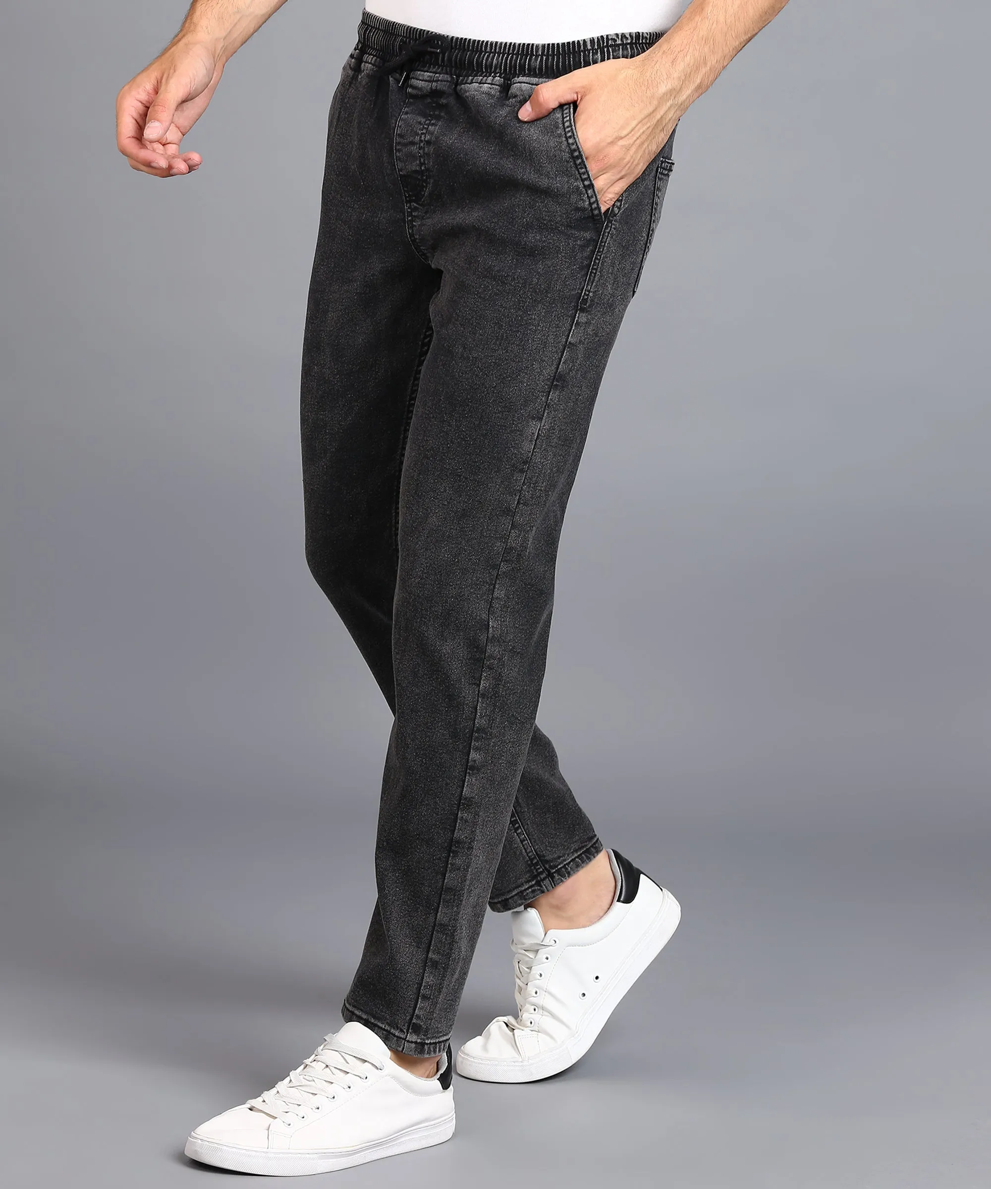 Men's Jet Black Regular Fit Washed Jogger Jeans Stretchable