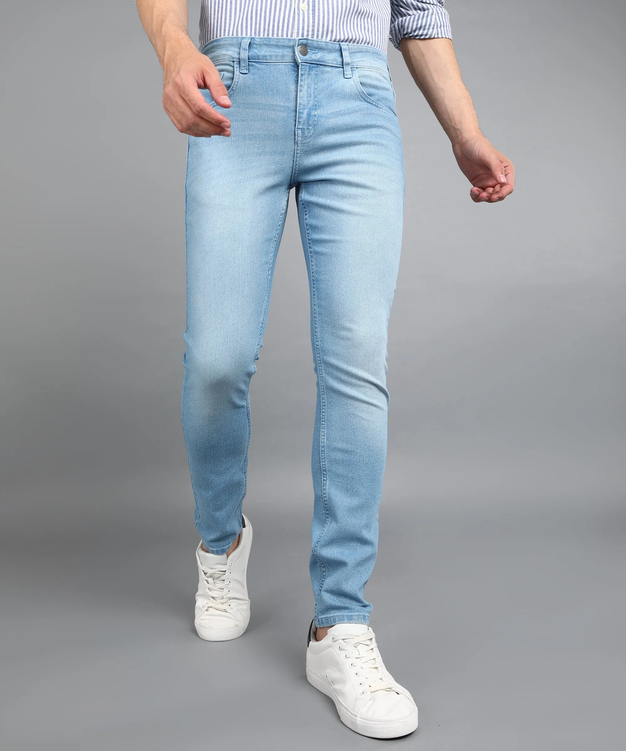 Men's Light Blue Regular Fit Washed Jeans Stretchable