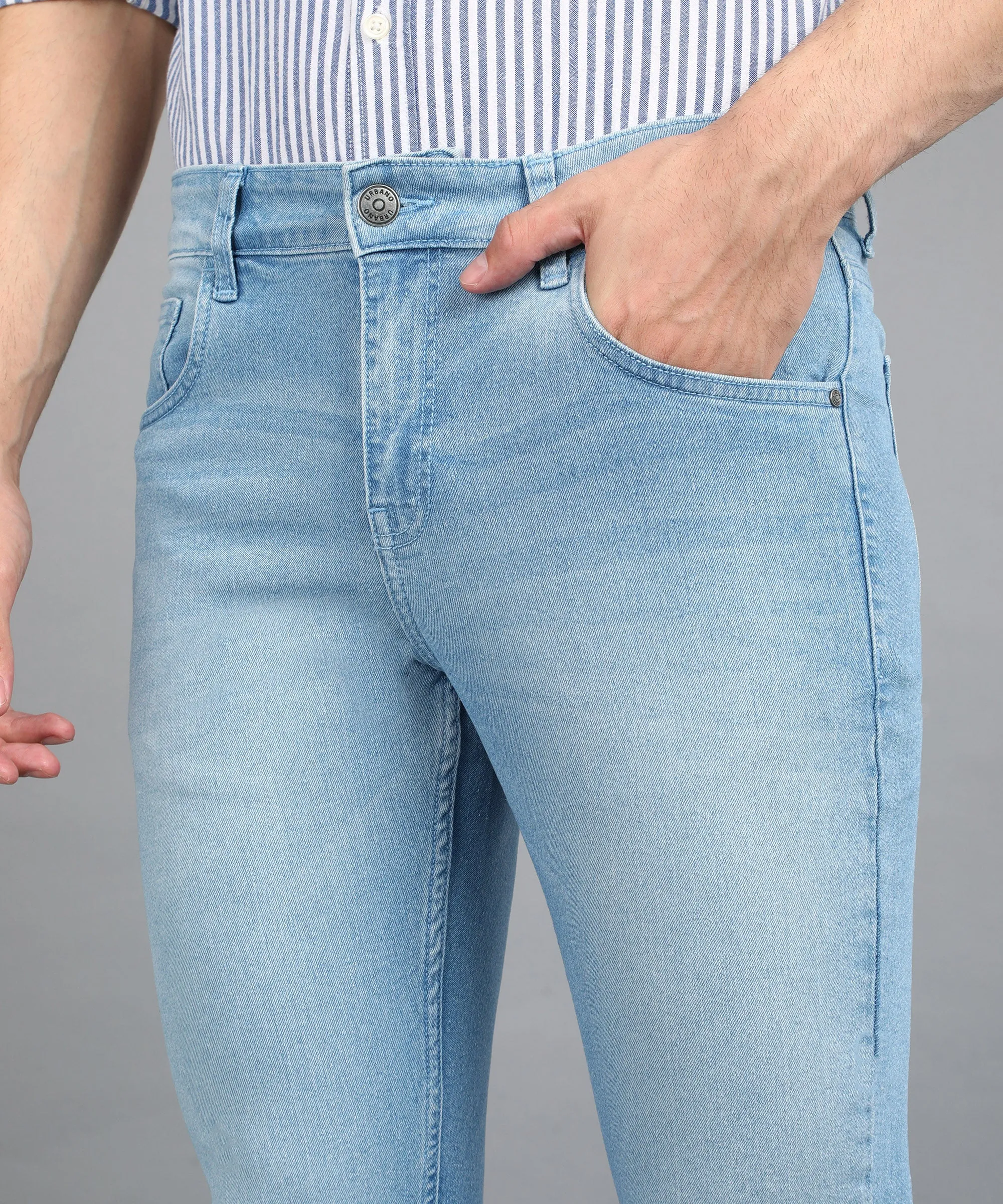 Men's Light Blue Regular Fit Washed Jeans Stretchable