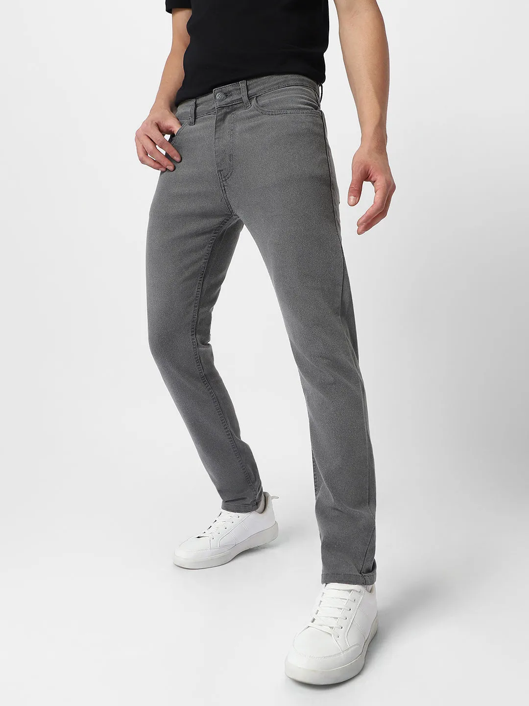 Men's Light Grey Regular Fit Washed Jeans Stretchable