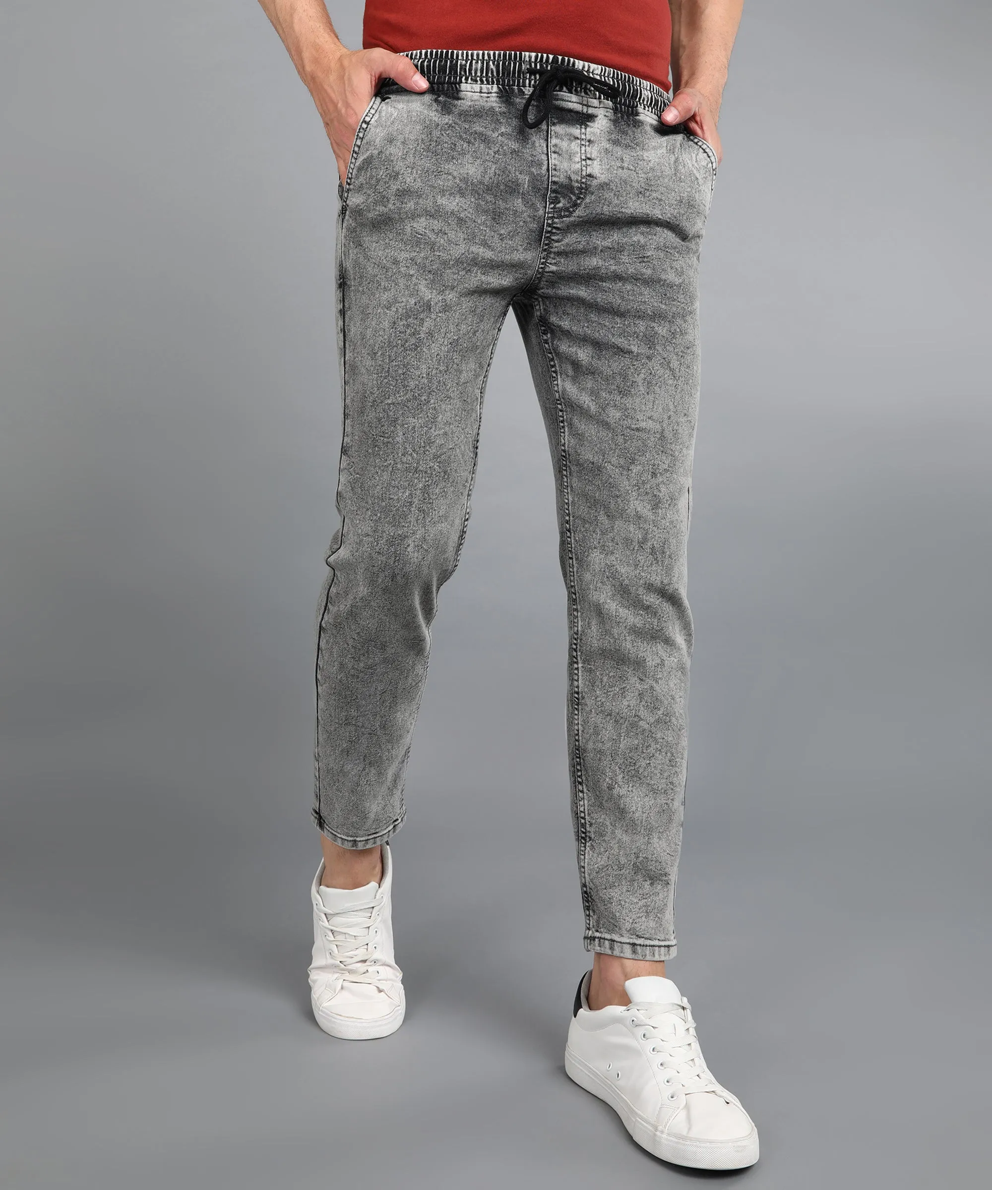 Men's Light Grey Regular Fit Washed Jogger Jeans Stretchable