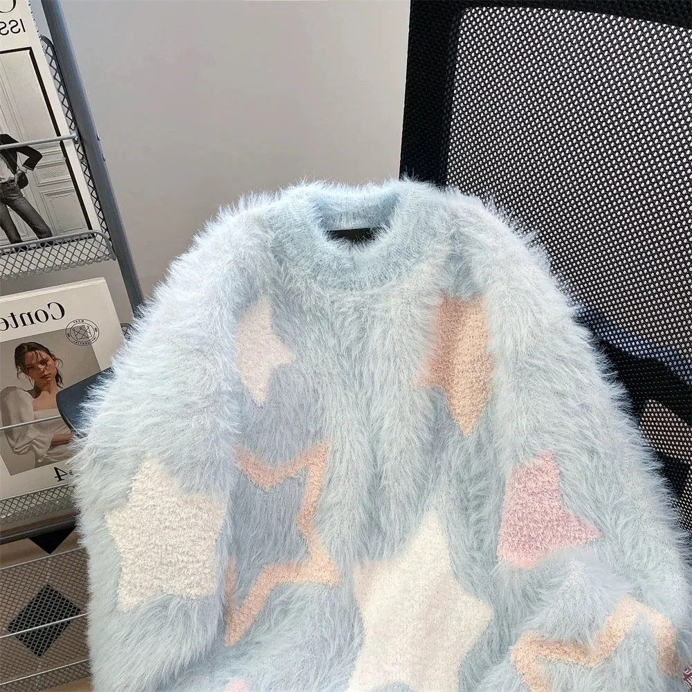 Milky fufu sweet soft glutinous star embroidered plush sweater for men and women in winter lazy style thickened mink fleece swea