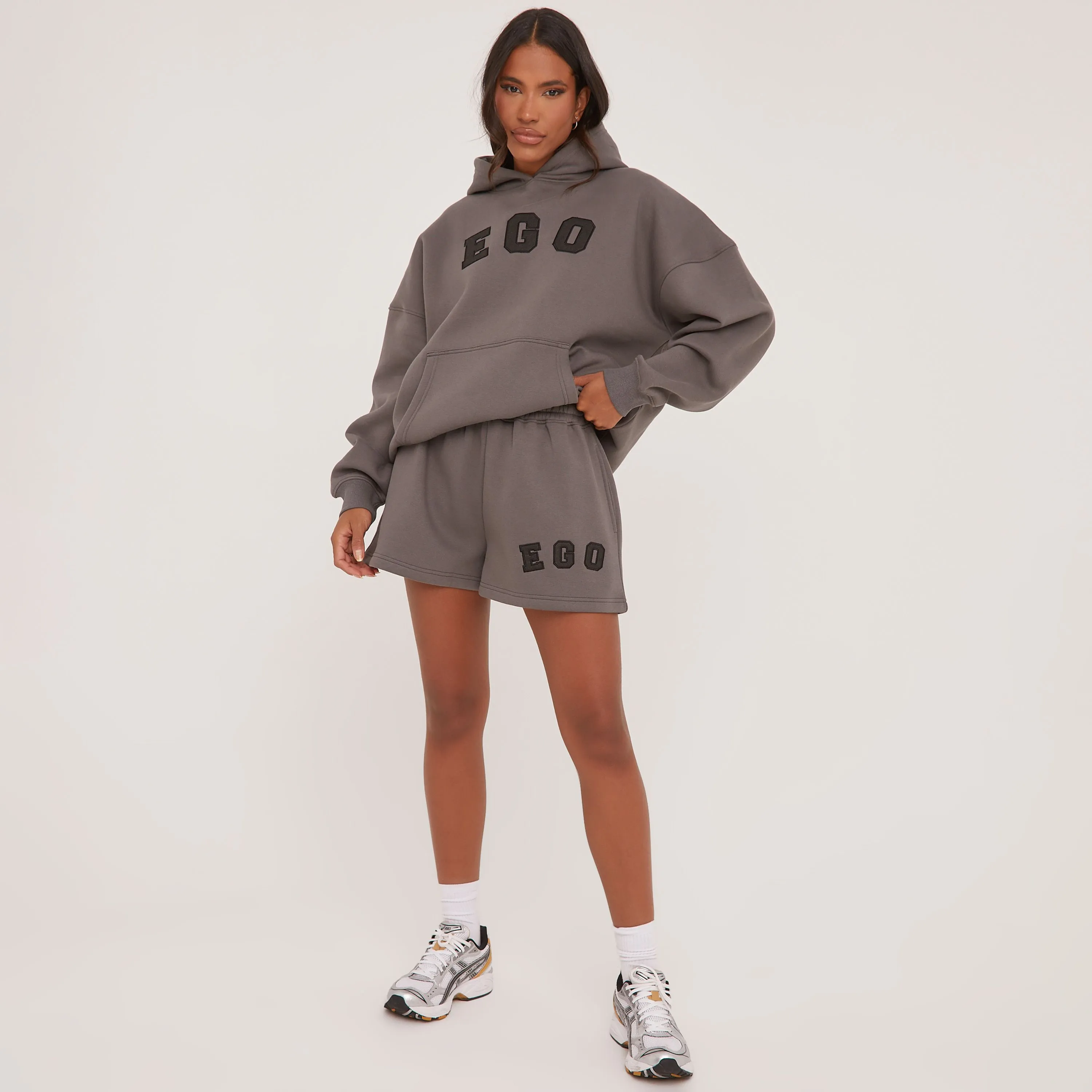 Oversized Ego Graphic Slogan Print Hoodie In Charcoal Grey