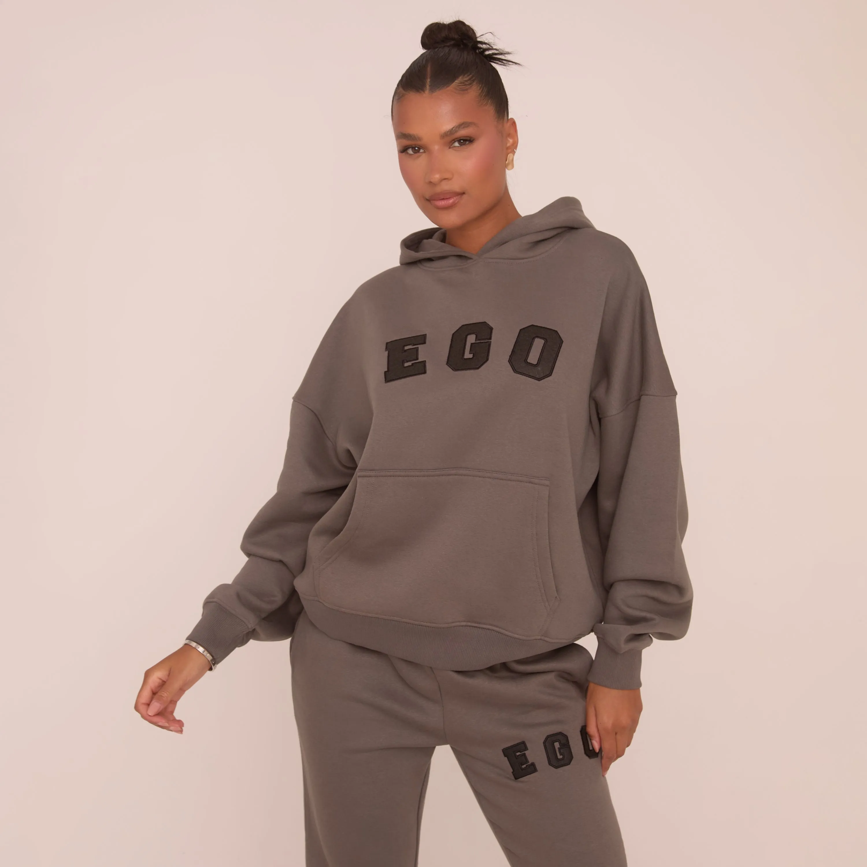 Oversized Ego Graphic Slogan Print Hoodie In Charcoal Grey