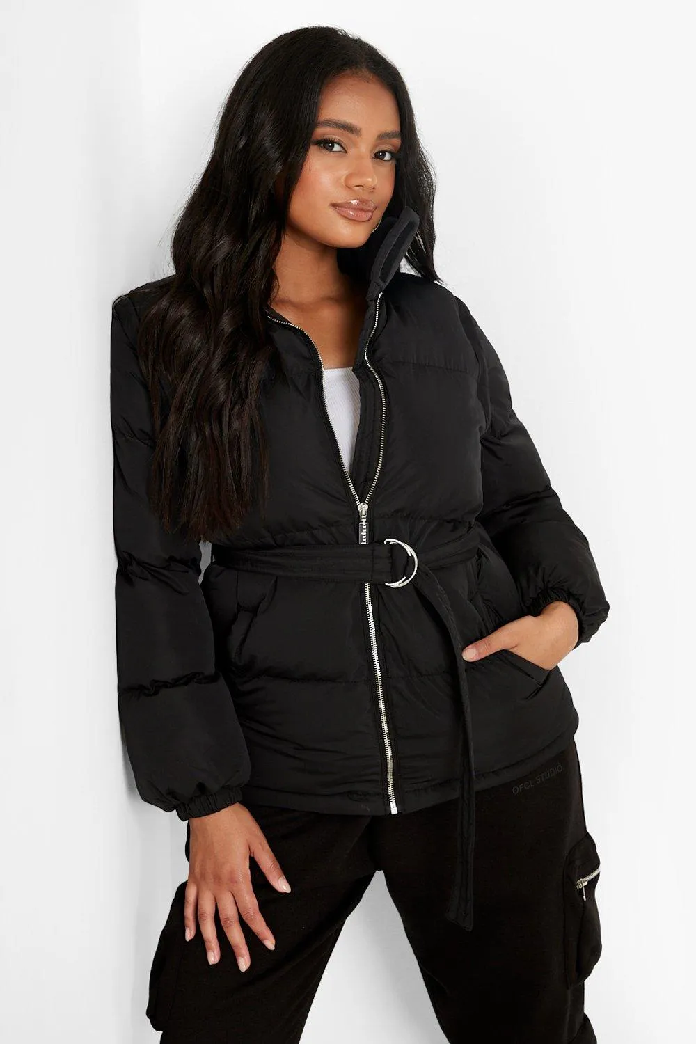 Petite Detachable Sleeve Belted Puffer Jacket