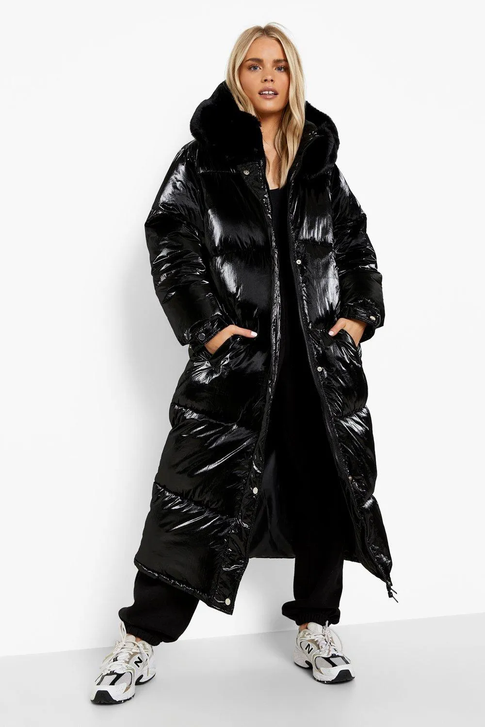 Petite Faux Fur High Shine Longline Puffer Jacket