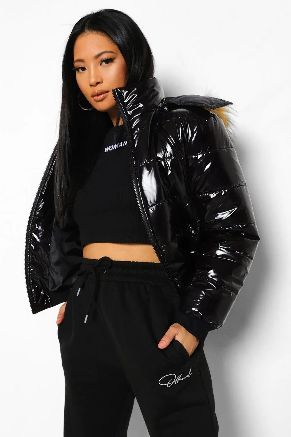 Petite Faux Fur Hooded Oversized Puffer Jacket