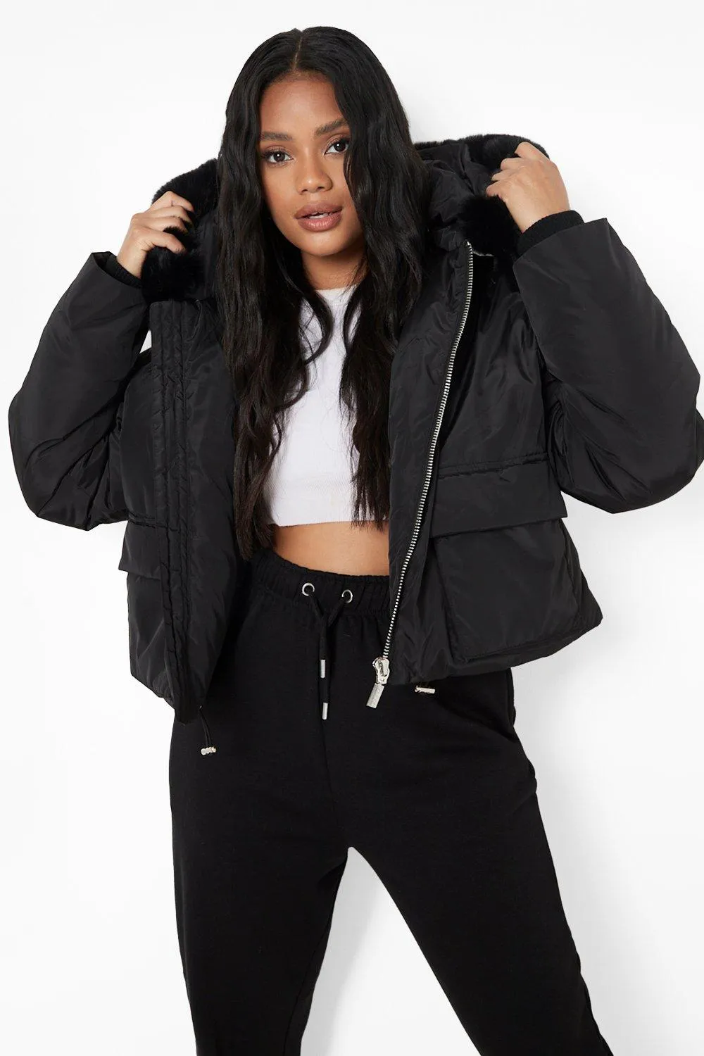 Petite Faux Fur Hooded Puffer Bomber