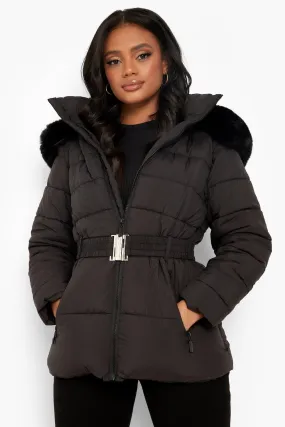 Petite Faux Fur Trim Belted Puffer Jacket