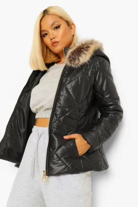 Petite Faux Fur Trim Fitted Puffer Jacket