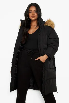 Petite Faux Fur Trim Longline Puffer Jacket