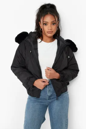 Petite Faux Fur Trim Puffer Bomber Jacket