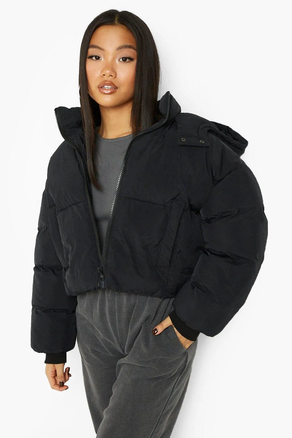 Petite Hooded Oversized Crop Puffer