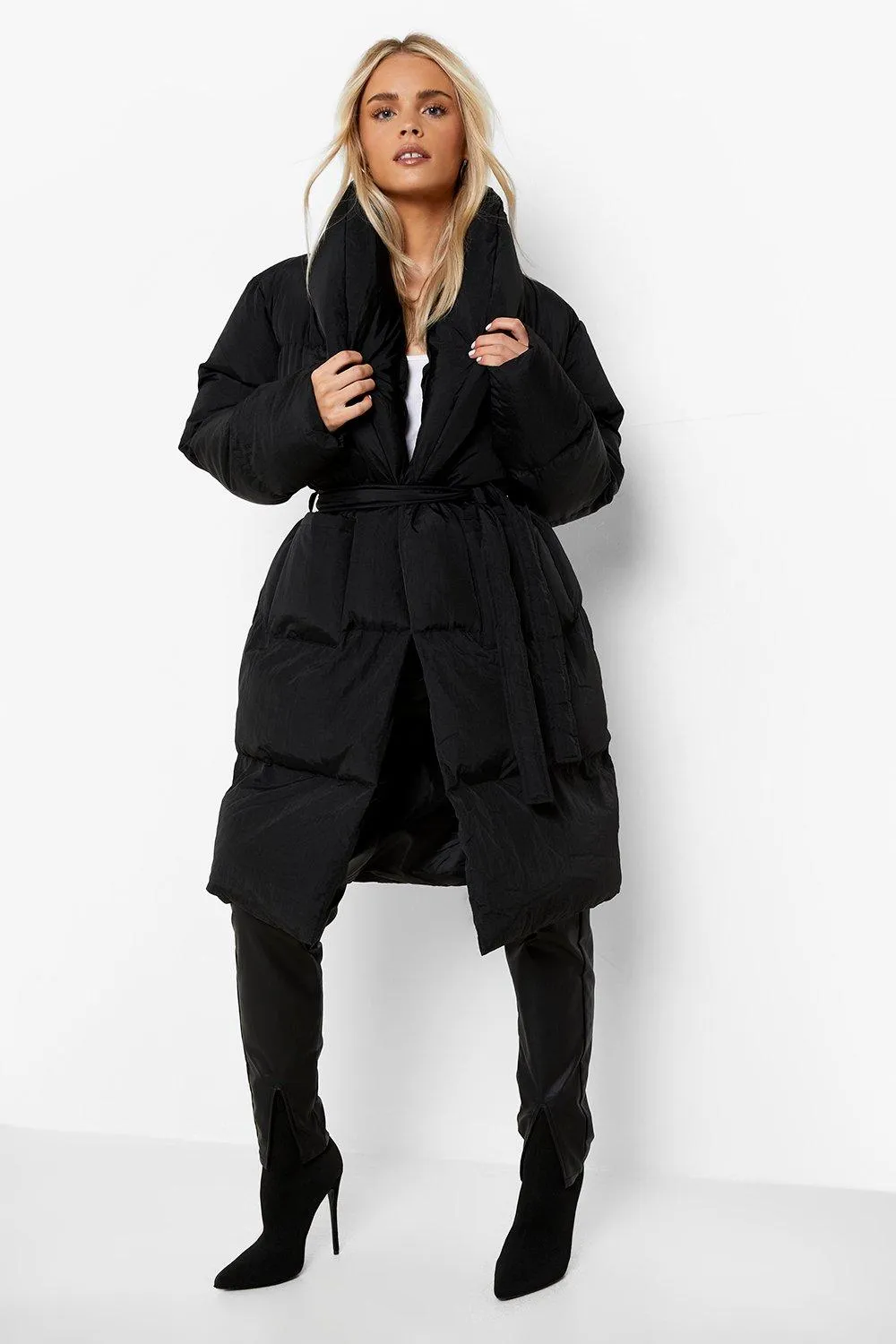 Petite Longline Wrap Belted Puffer Jacket