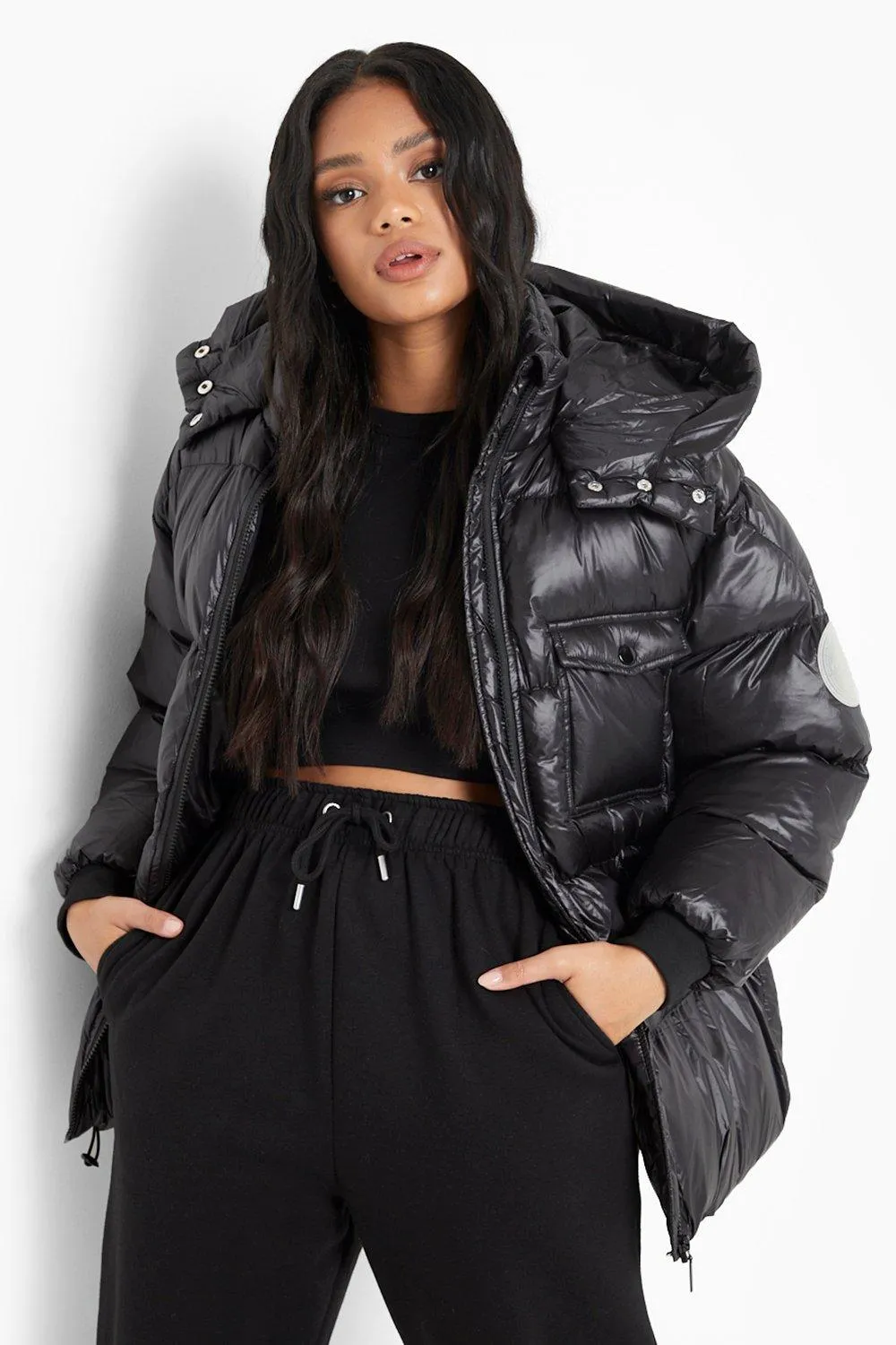 Petite Oversized Pocket Detail Puffer Jacket