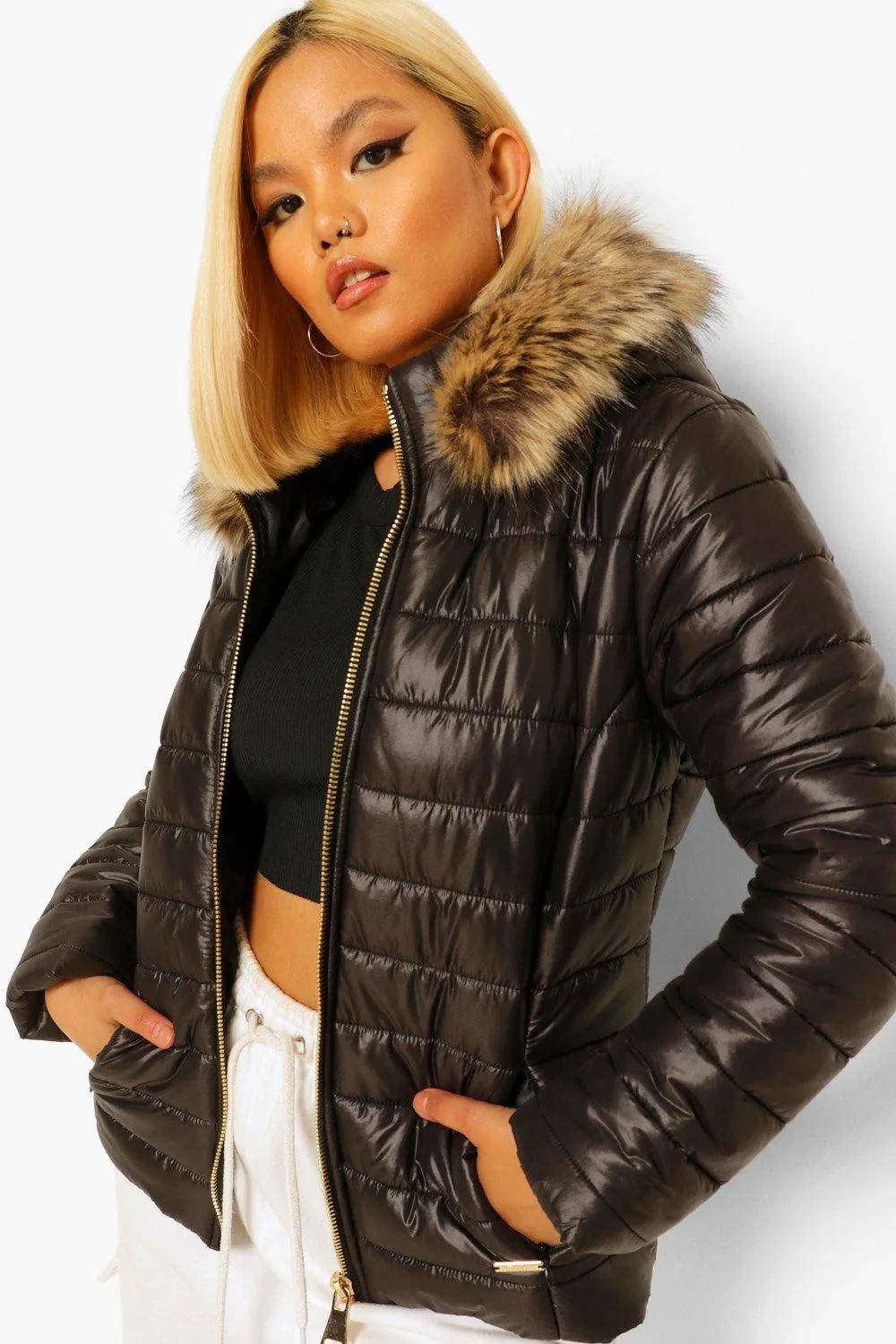 Petite Quilted Faux Fur Trim Puffer Jacket