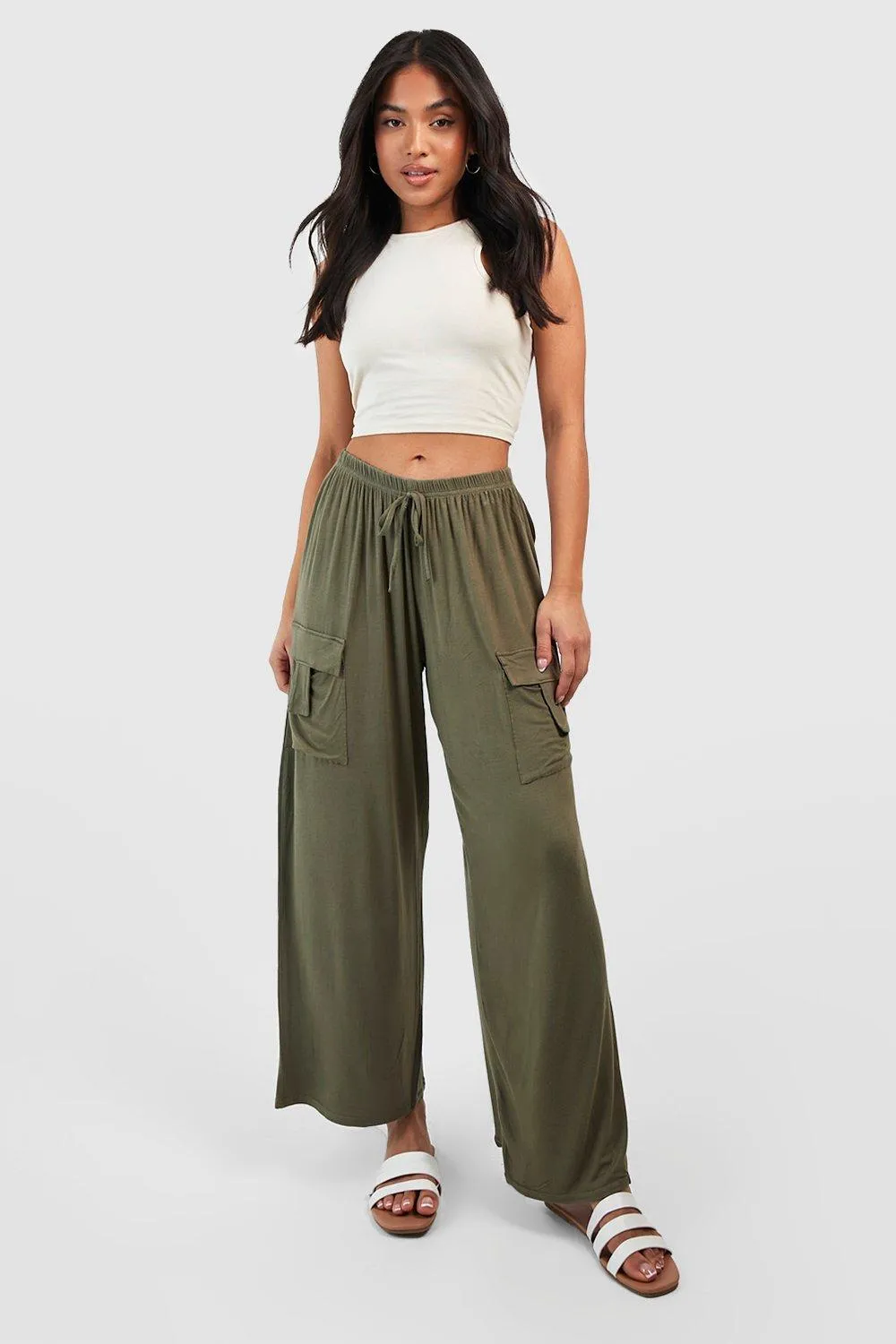 Petite Wide Leg Jersey Knit Relaxed Cargo Pants