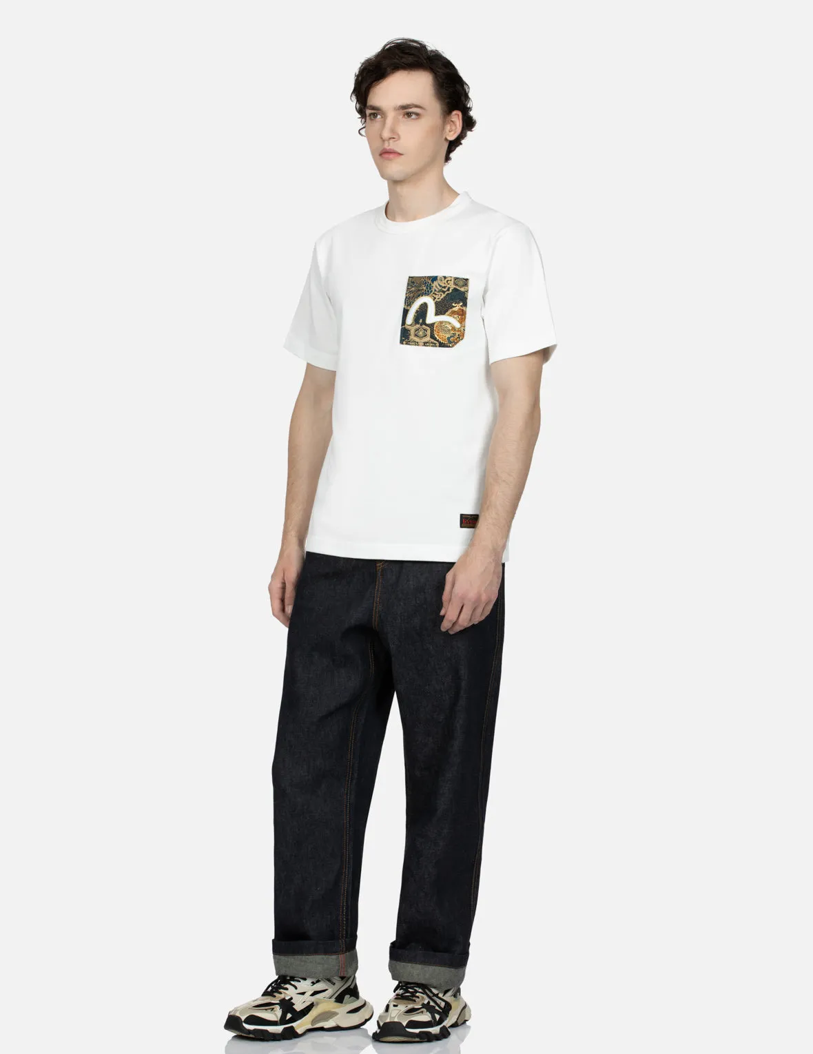 Pine-pattern Daicock Print with Crane and Logo Embroidery Wide Leg Jeans