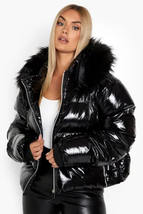 Plus Crop Faux Fur Trim High Shine Puffer