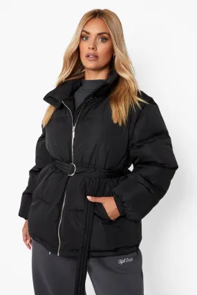 Plus Detachable Sleeve Belted Puffer Jacket