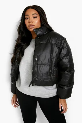 Plus Detachable Sleeve Cropped Puffer Jacket