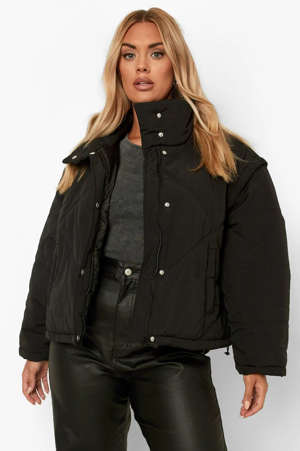 Plus Detachable Sleeve Funnel Neck Puffer Jacket