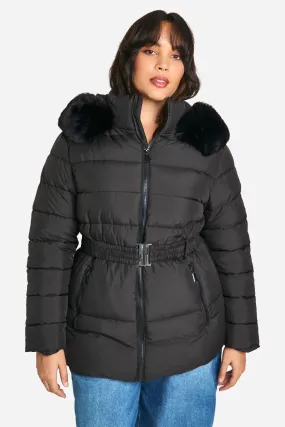 Plus Faux Fur Trim Belted Puffer Jacket