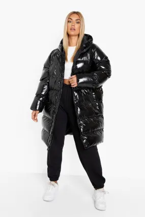 Plus Longline Hooded High Shine Puffer Jacket